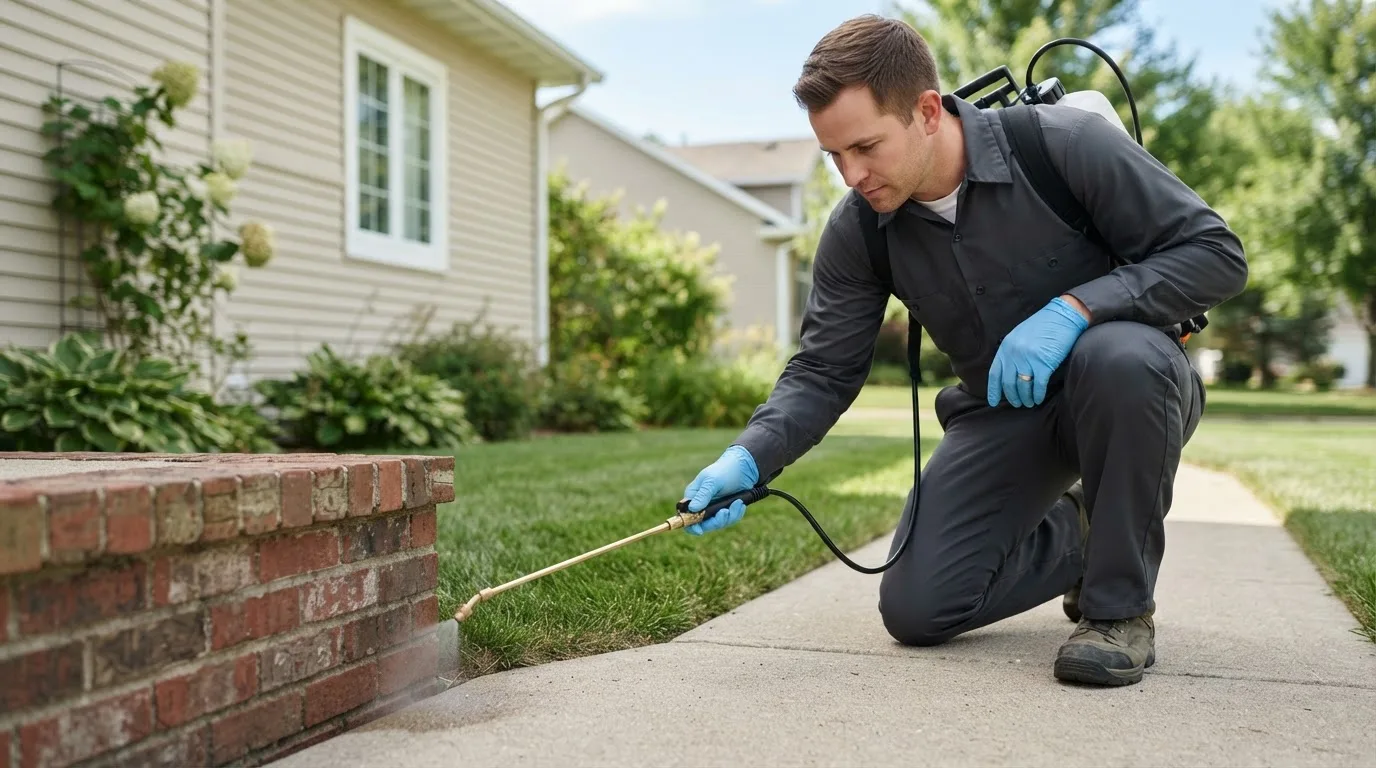 Pest control technician treating a home near Hartford, VT